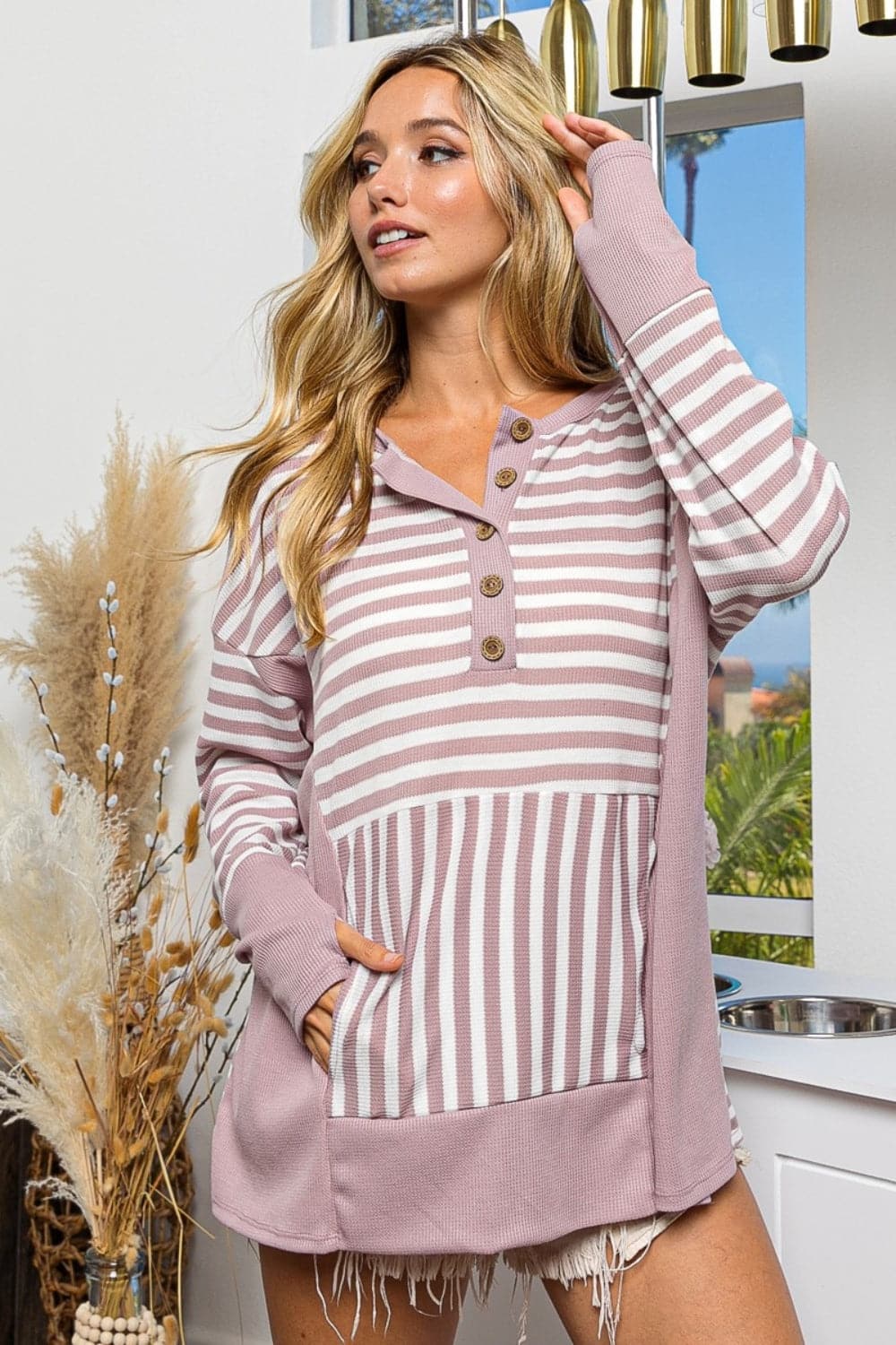 BiBi Striped Thumbhole Long Sleeve Top.