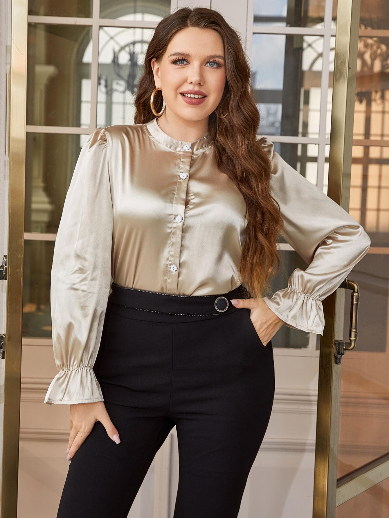 Plus Size Flounce Sleeve Band Collar Shirt.