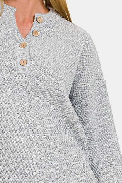 Zenana Button Closure Drop Shoulder Sweater.