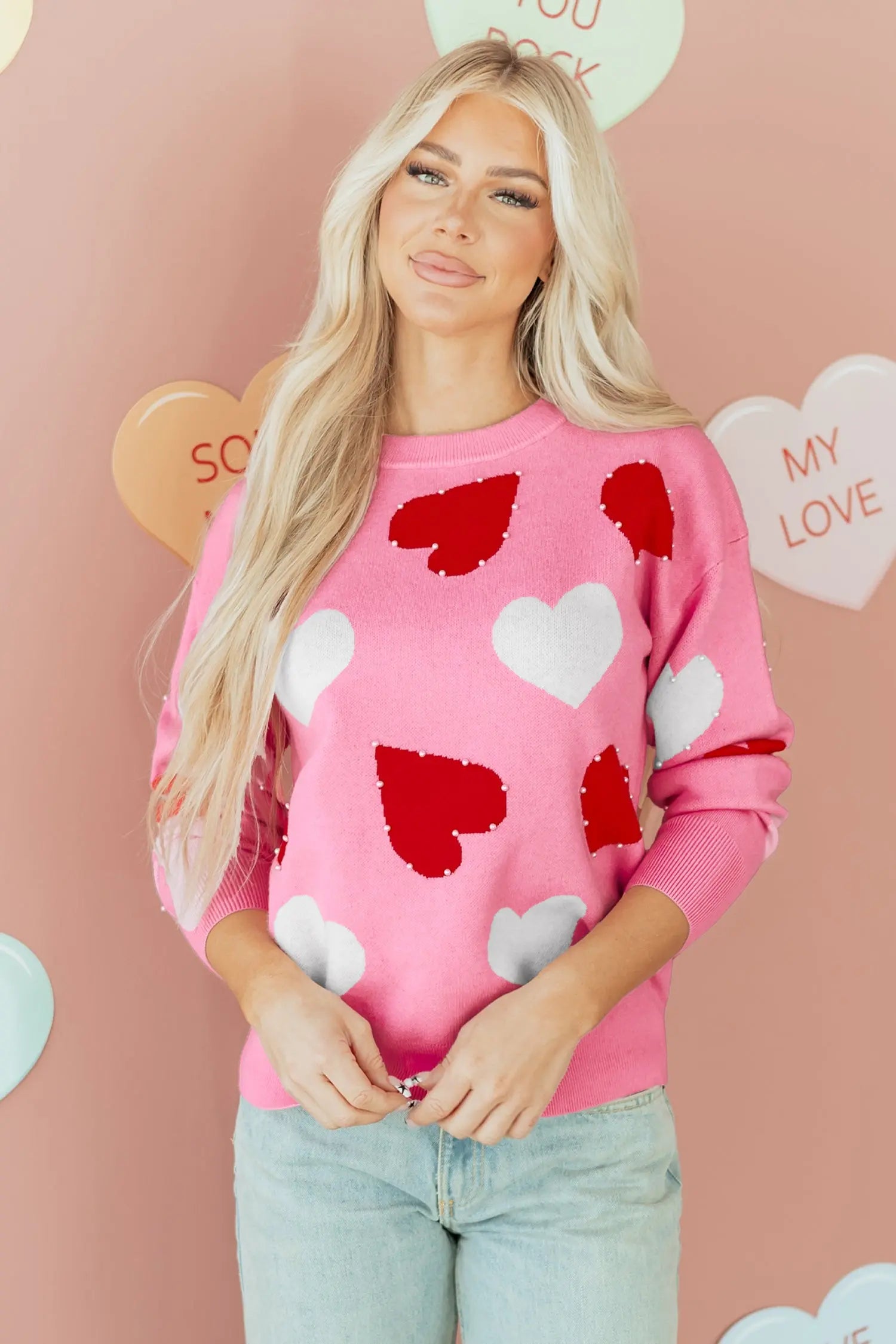 Pink Pearl Embellished Heart Pattern Valentines Day Knit Sweater Dear-Lover Dropshipping