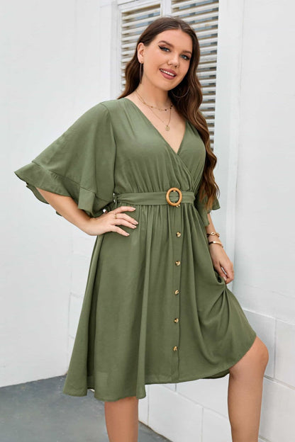 Plus Size Surplice Neck Half Sleeve Dress.