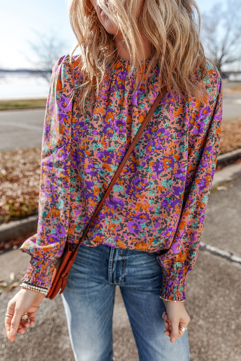 Charming purple floral frilled blouse with shirred cuffs