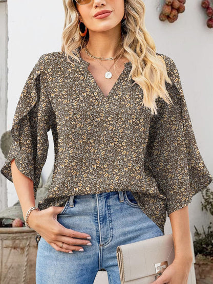 Printed Notched Half Sleeve Blouse.