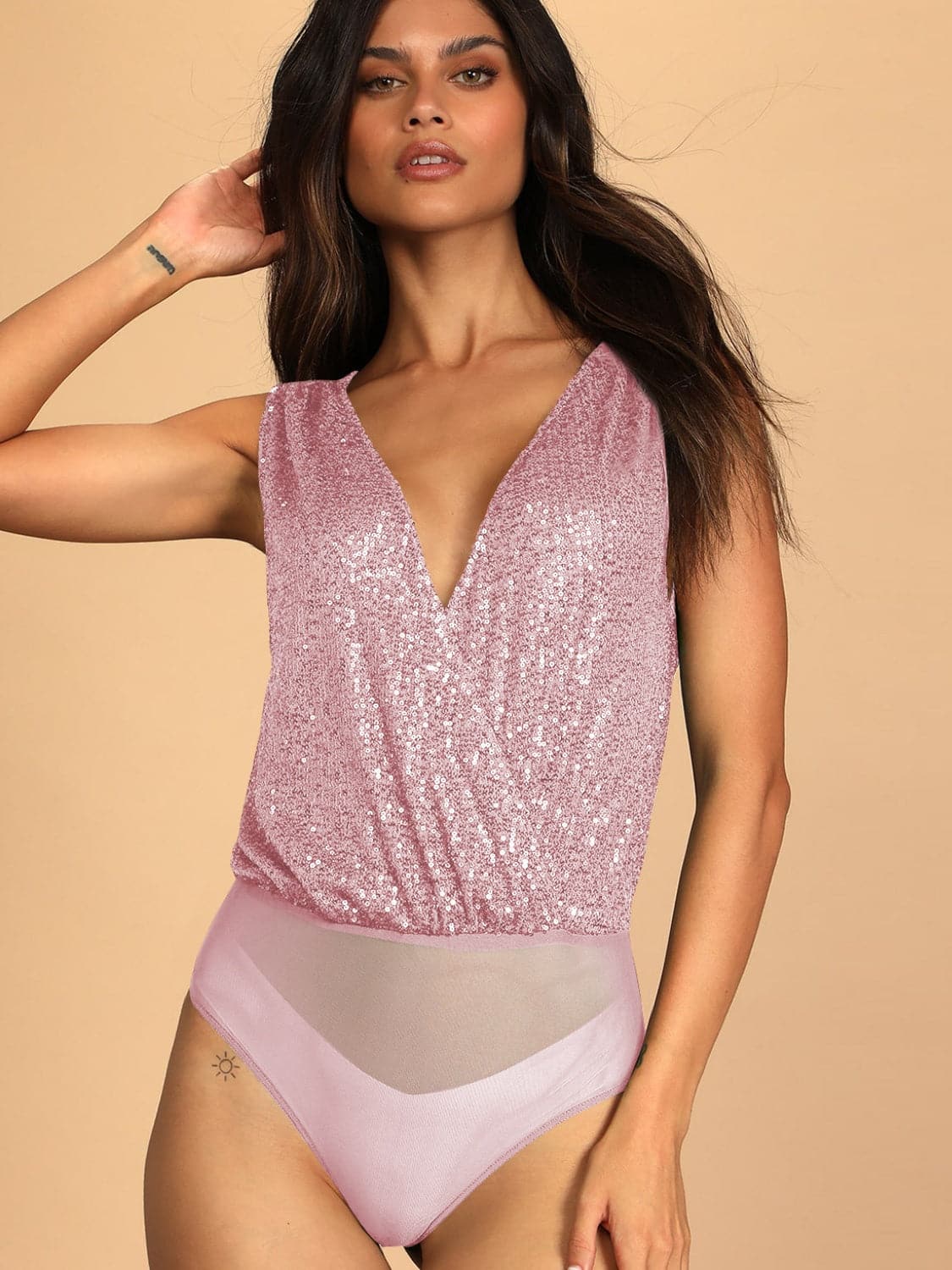 Sequin Surplice Sleeveless Bodysuit.