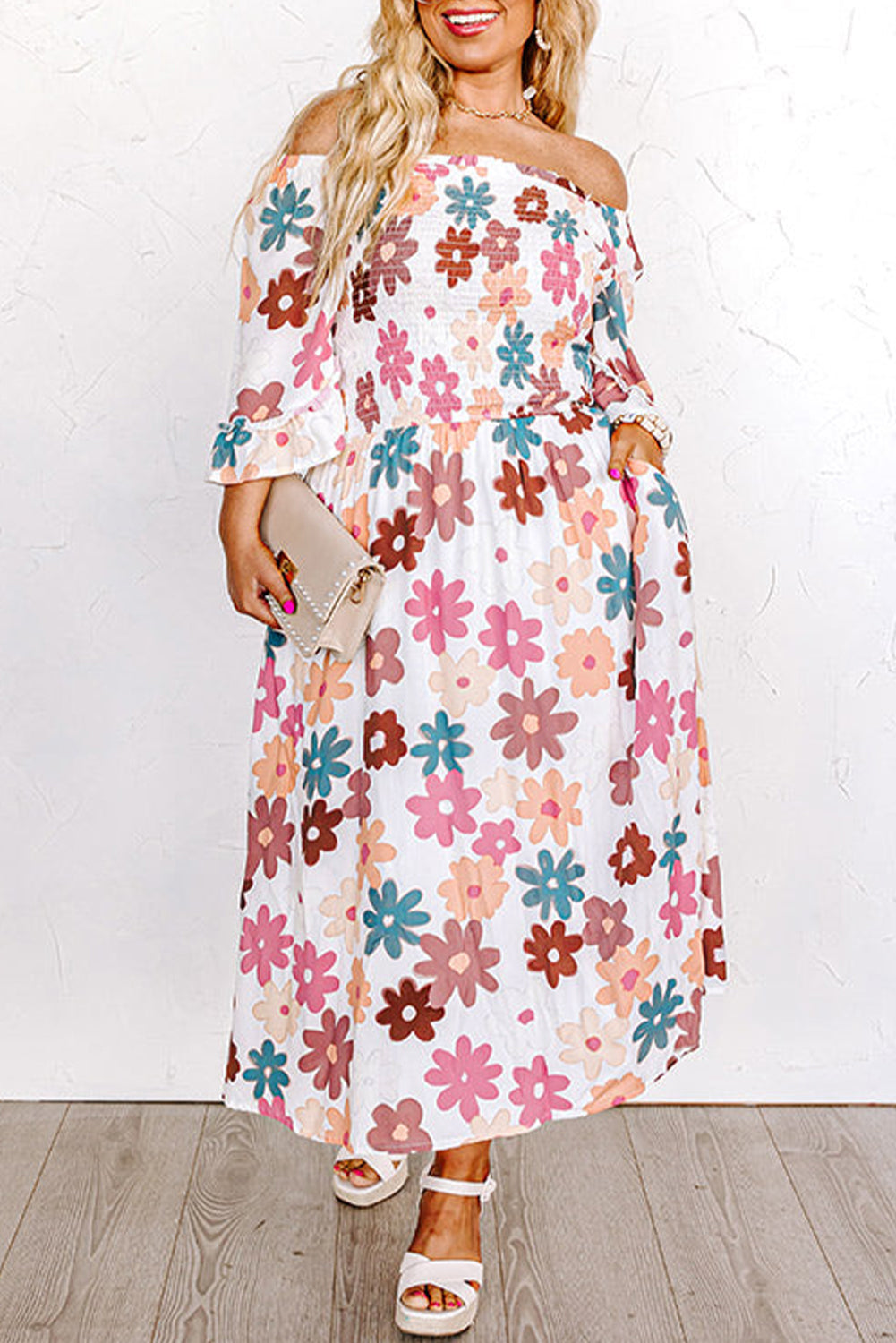 Elegant white floral off-shoulder dress for plus sizes