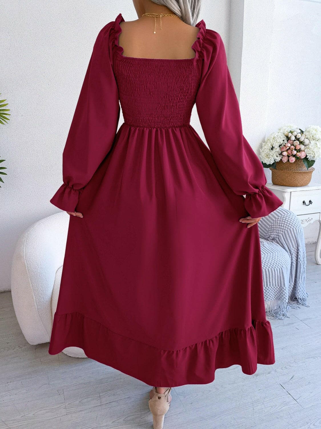 Smocked Square Neck Flounce Sleeve Dress.