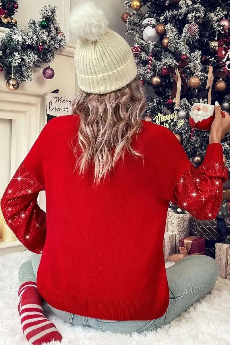 Festive Racing Red Sequin Sleeve Turtleneck Christmas Sweater - Love Salve 