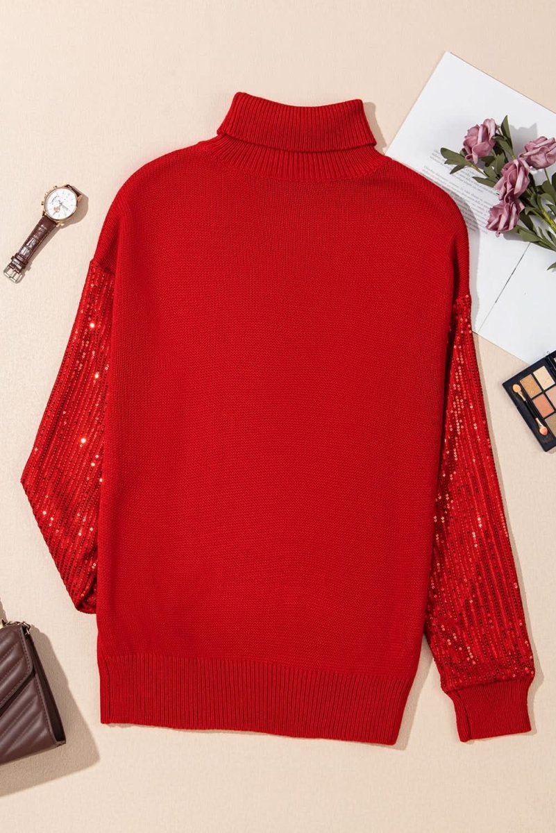 Festive Racing Red Sequin Sleeve Turtleneck Christmas Sweater - Love Salve 