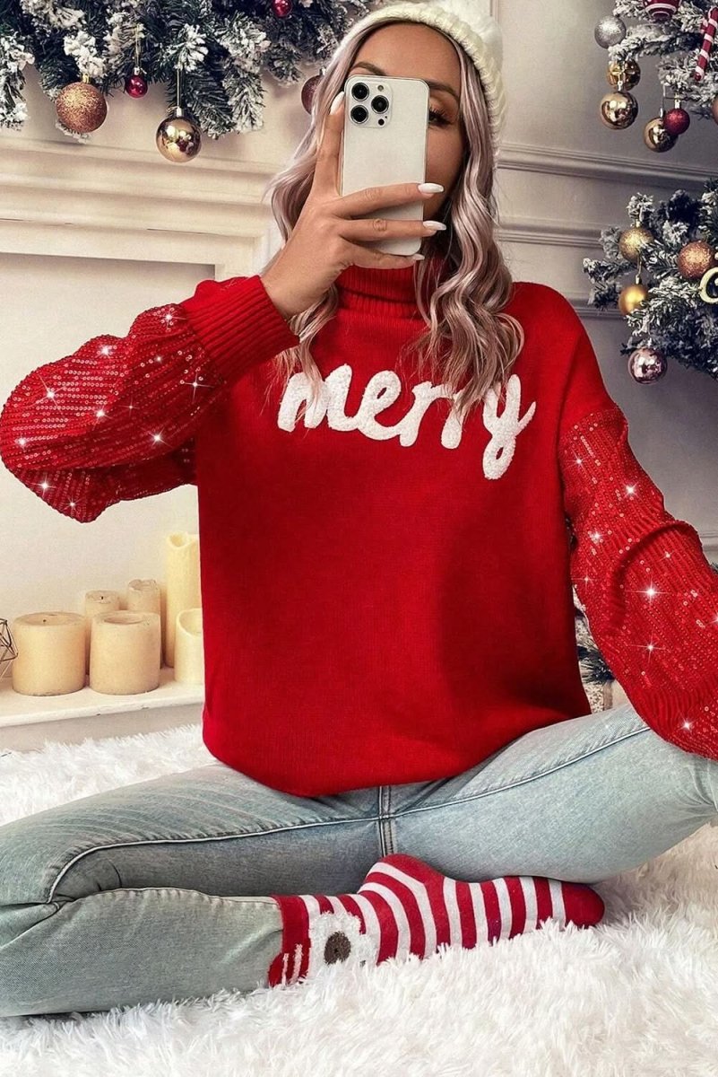Festive Racing Red Sequin Sleeve Turtleneck Christmas Sweater - Love Salve 