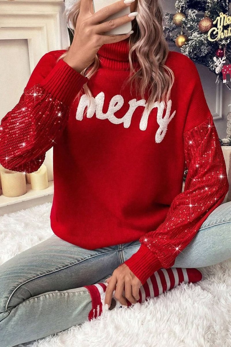 Festive Racing Red Sequin Sleeve Turtleneck Christmas Sweater - Love Salve 