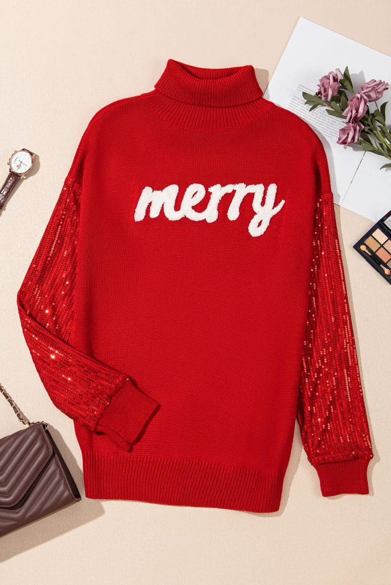 Festive Racing Red Sequin Sleeve Turtleneck Christmas Sweater - Love Salve 