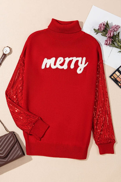 Festive Racing Red Sequin Sleeve Turtleneck Christmas Sweater - Love Salve 