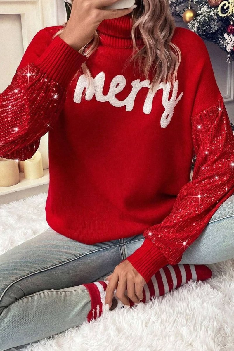 Festive Racing Red Sequin Sleeve Turtleneck Christmas Sweater - Love Salve 