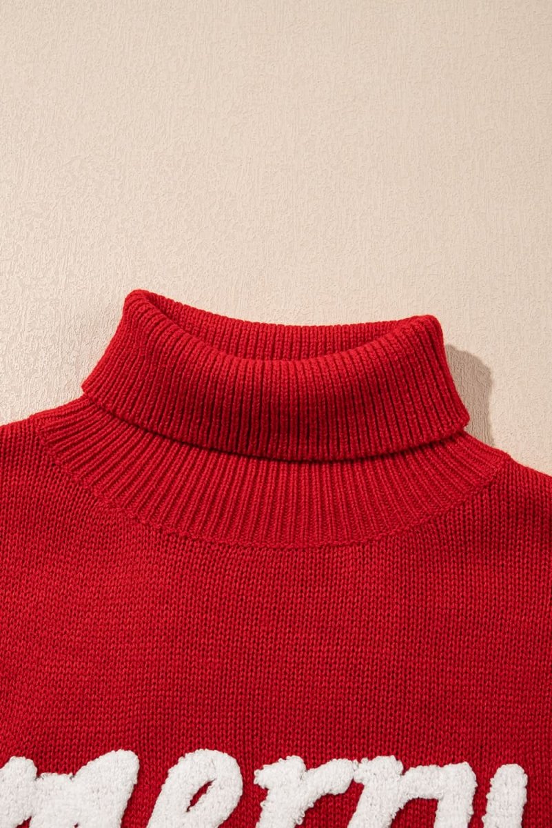 Festive Racing Red Sequin Sleeve Turtleneck Christmas Sweater - Love Salve 