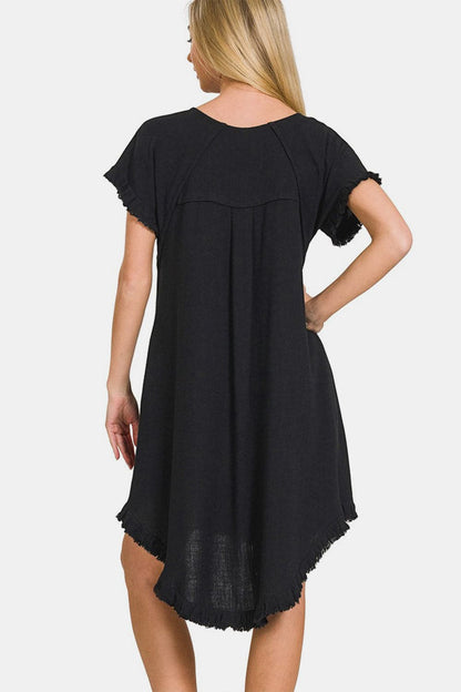 Zenana Fringe Edge High Low Flowy Dress with Pockets.