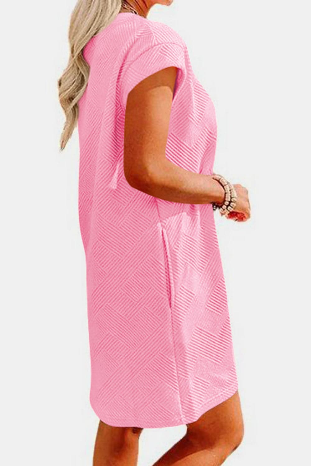 Textured Round Neck Cap Sleeve Dress.