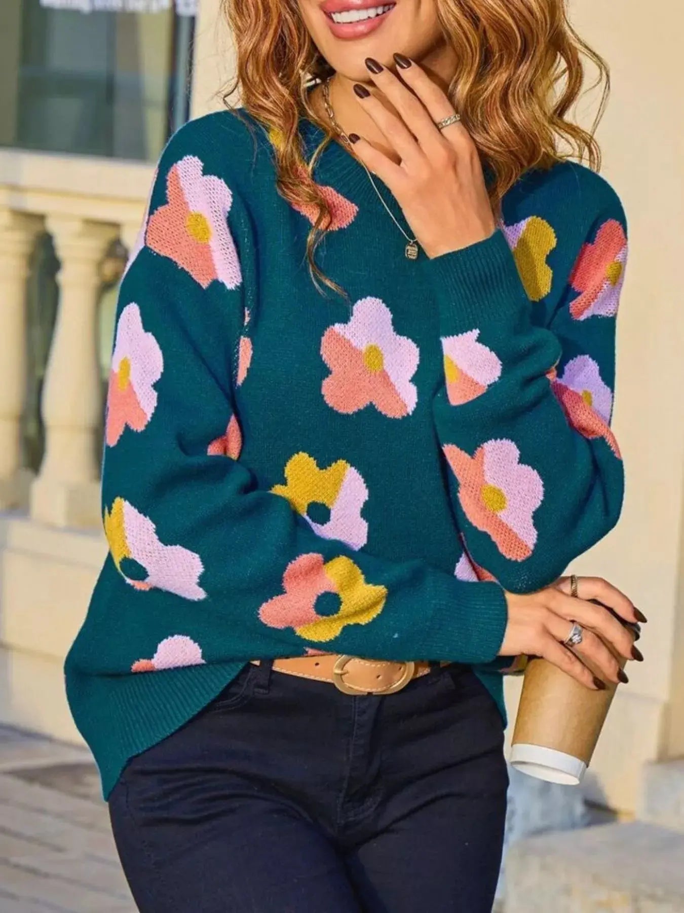 Floral Crew Neck Long Sleeve Sweater Simply Love