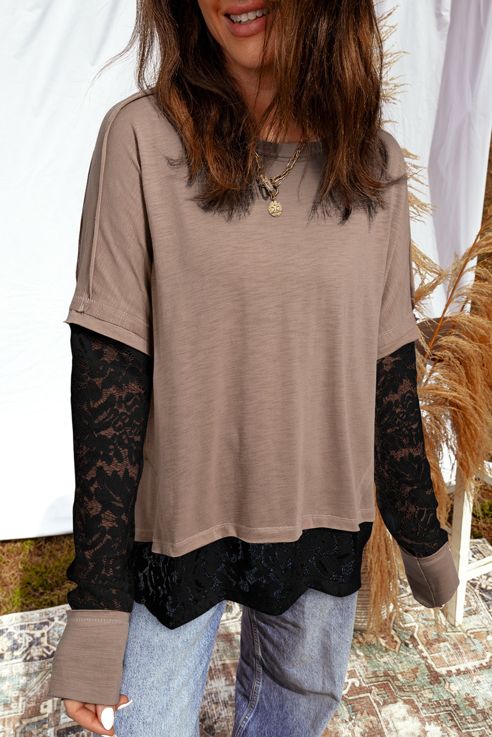 French Beige Sheer Lace Patchwork Casual Long Sleeve Tee Dear-Lover Dropshipping