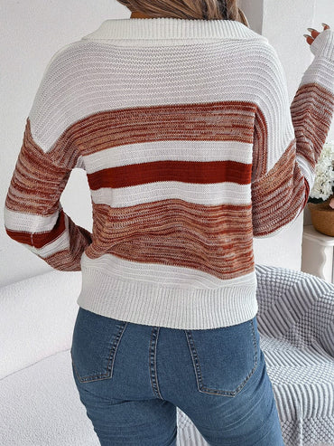 Striped Collared Neck Long Sleeve Sweater.