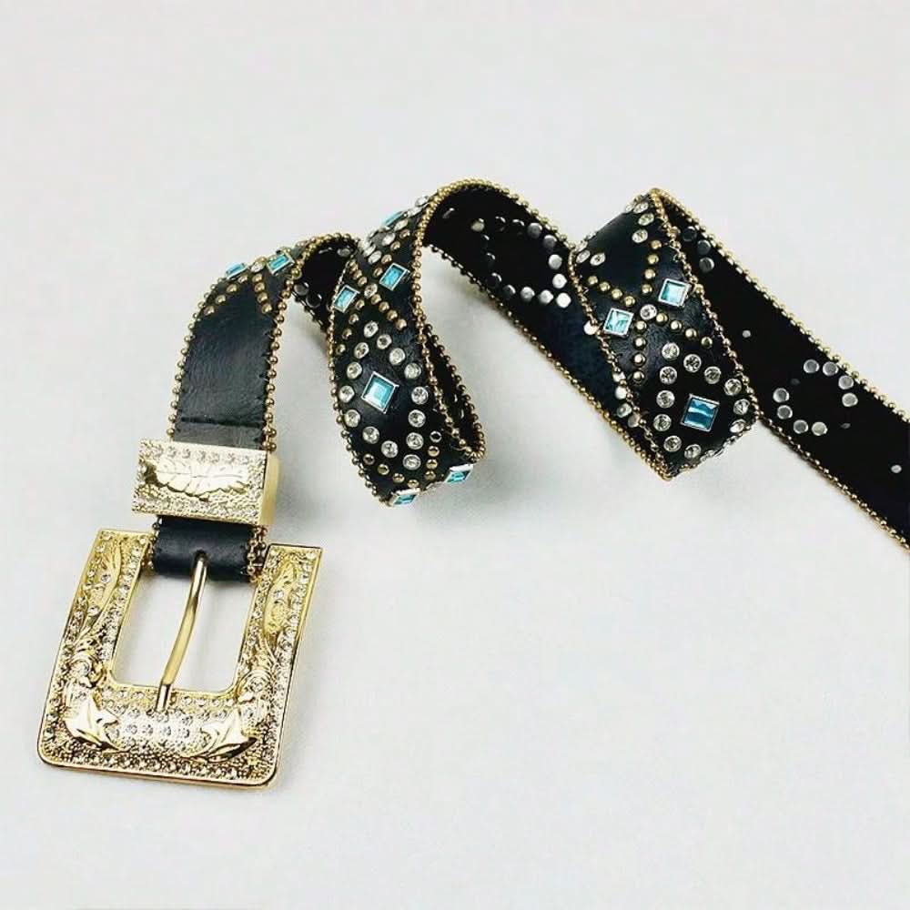 Rhinestone-embellished PU leather belt