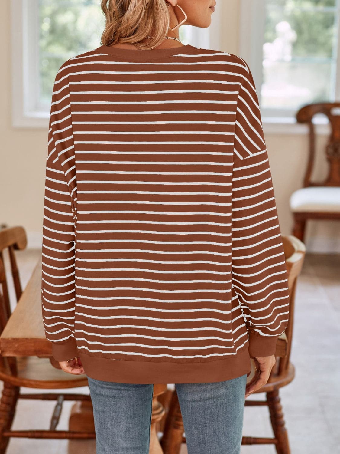 Cozy striped long sleeve crewneck sweatshirt