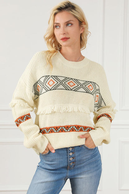 Geometric Round Neck Fringe Detail Sweater.