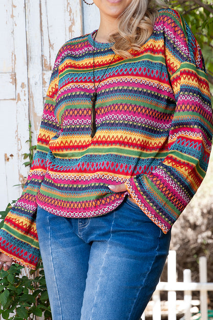 Vibrant red boho striped long sleeve plus size top