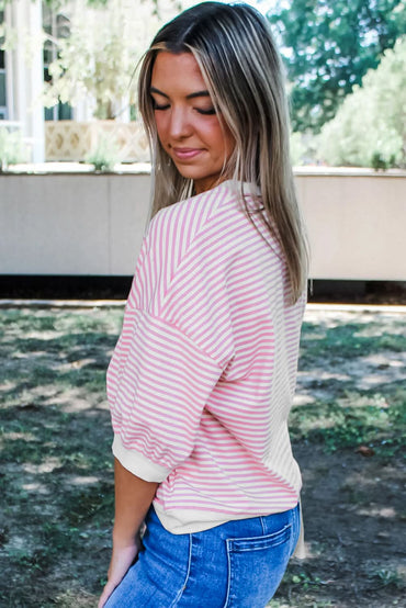 Pink Striped 3/4 Sleeve Relaxed Fit Top