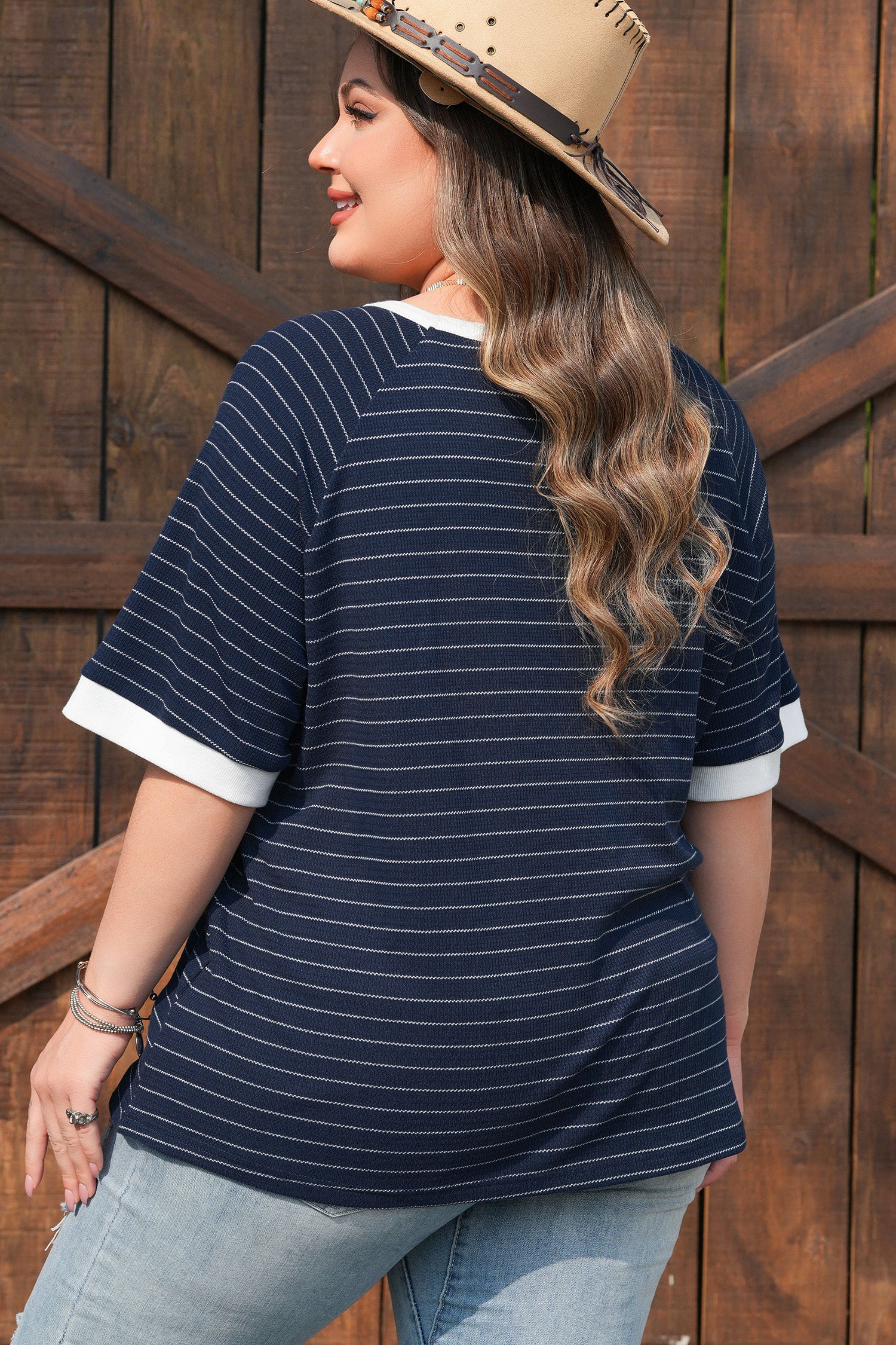 Blue Stripe Plus Size Ribbed T Shirt With Contrast Trim Dear-Lover Dropshipping