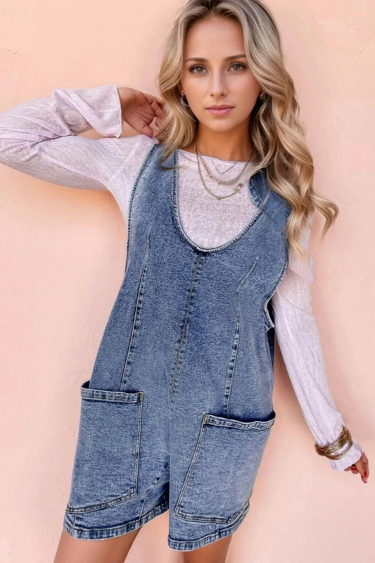 U Neck Patched Pocket Denim Overalls Simply Love