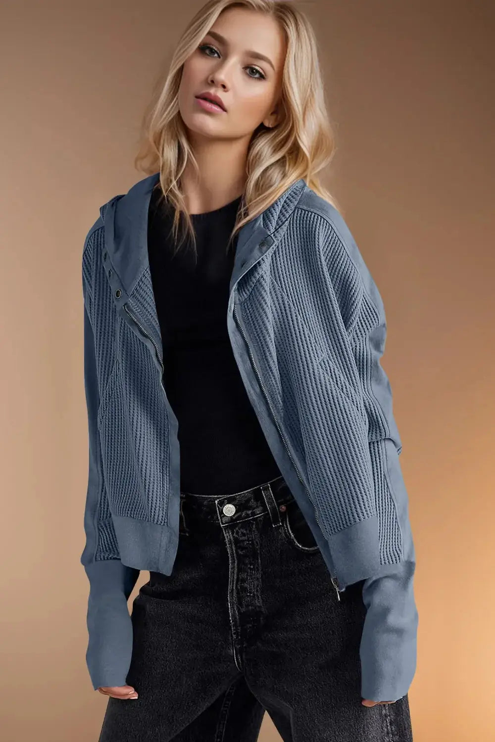 Double Take Waffle-Knit Zip Up Long Sleeve Hooded Jacket - Love Salve