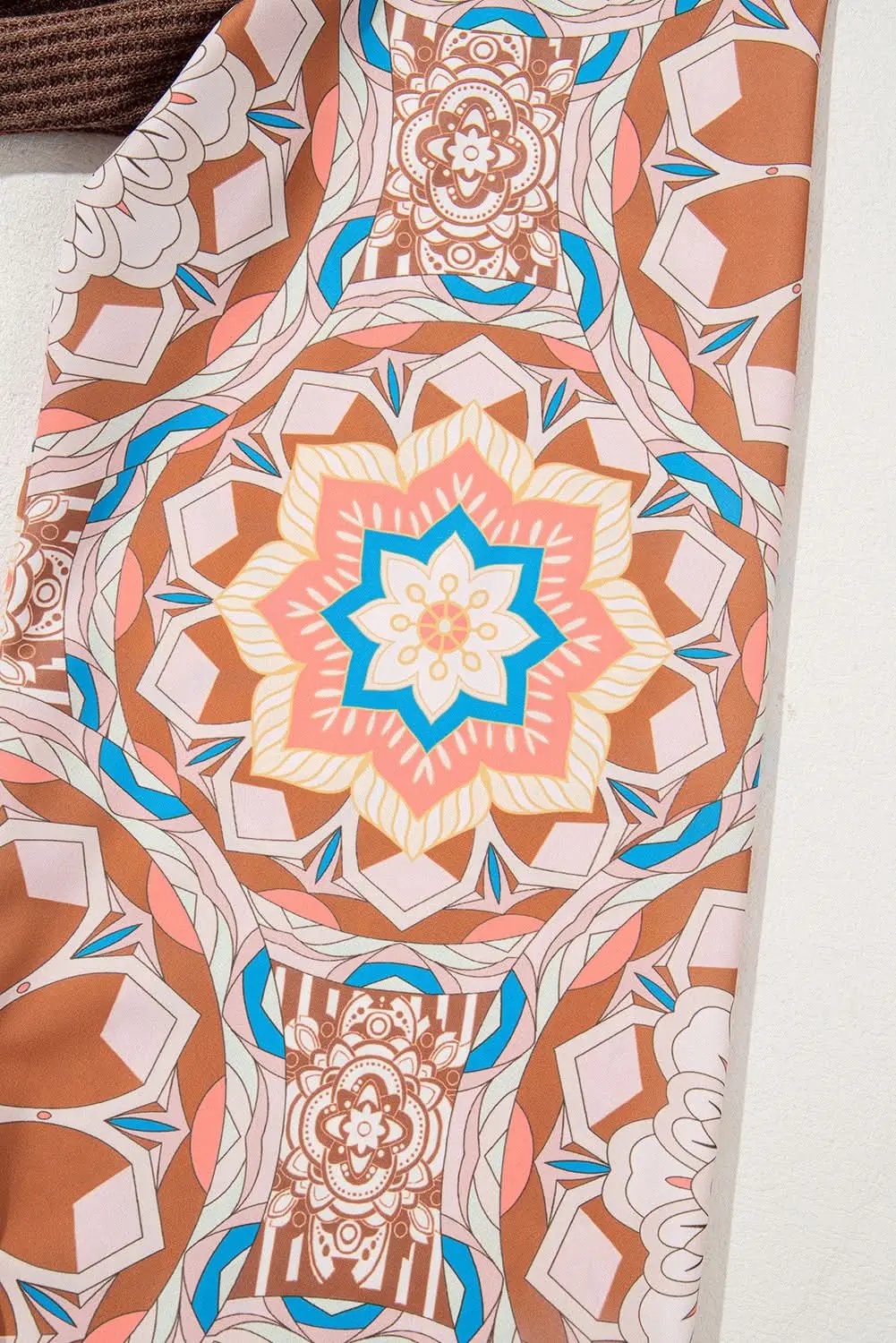 Coffee Ruffled Floral Sleeve Patchwork Waffle Knit O Neck Blouse - Love Salve 