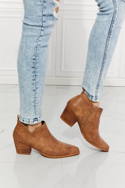 MMShoes Trust Yourself Embroidered Crossover Cowboy Bootie in Caramel.