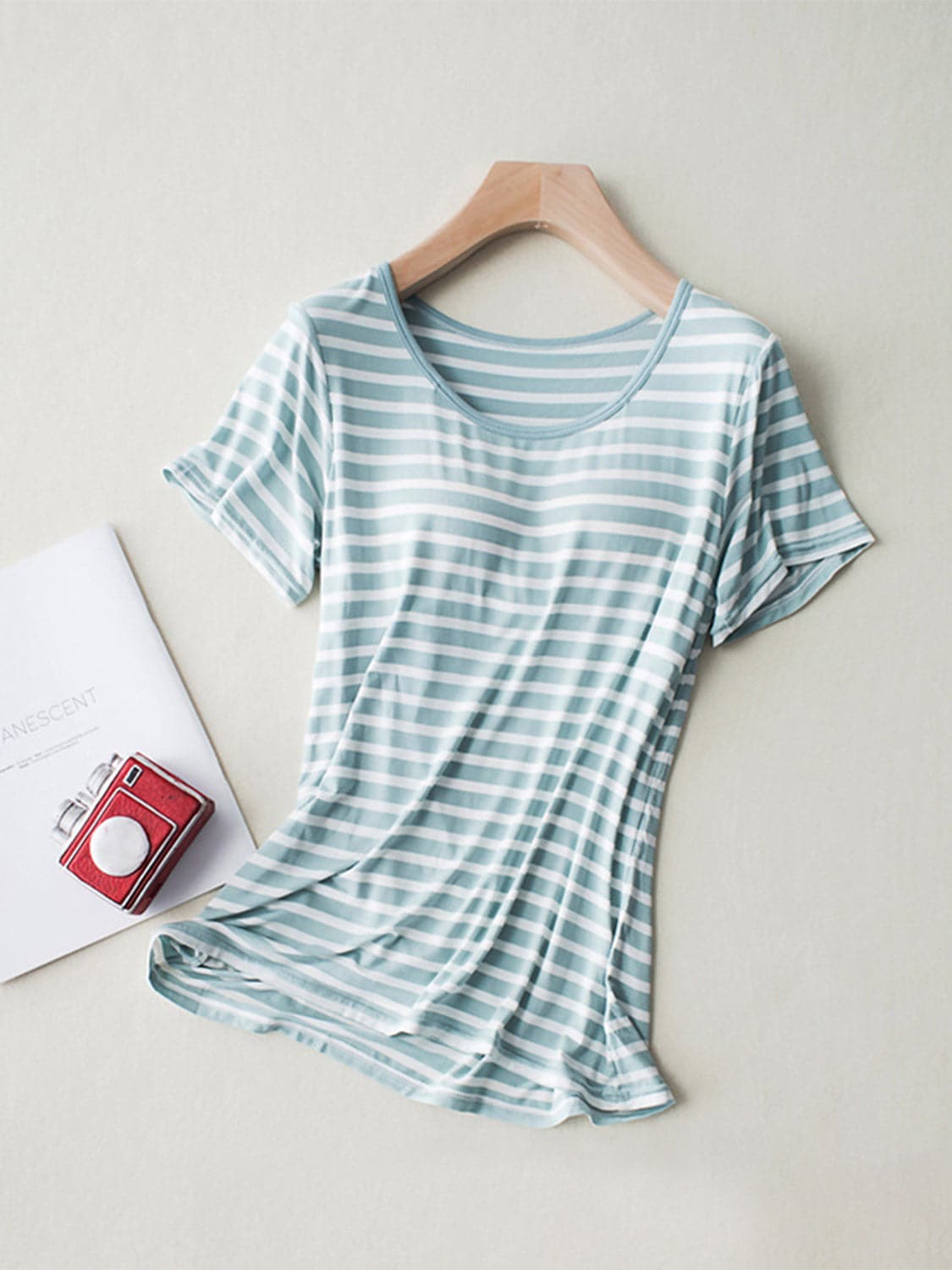 Striped Round Neck Short Sleeve T-Shirt with Bra.