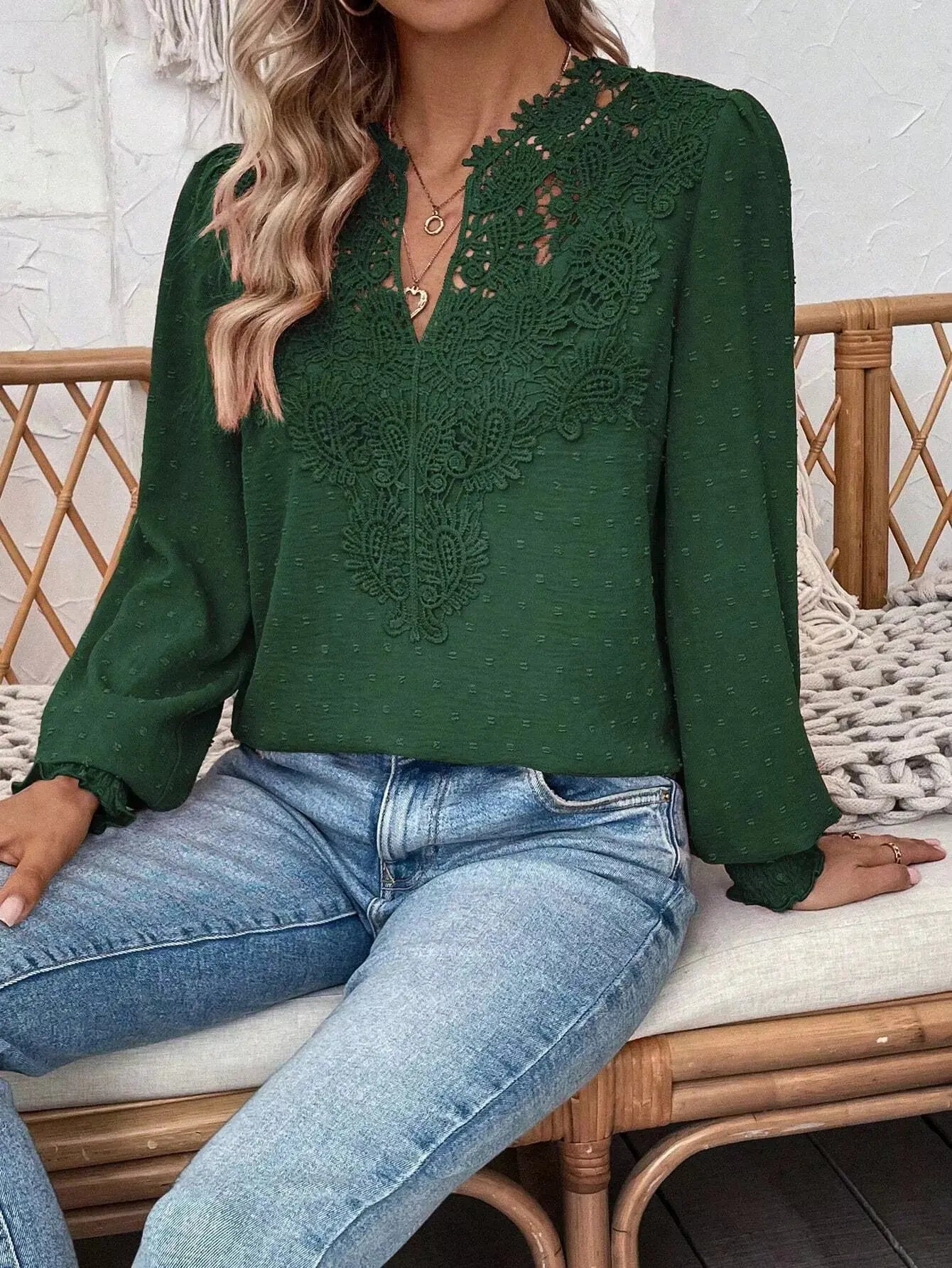Lace Trim Long Sleeve Blouse Simply Love