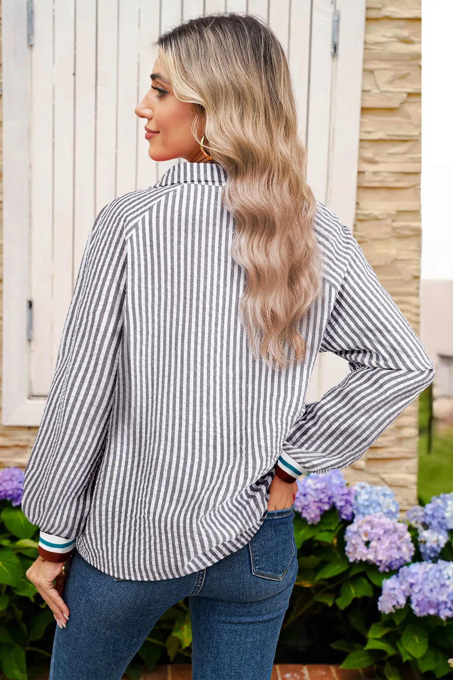 Dark Grey Striped Patchwork Split Neck Blouse With Contrast Detail Dear-Lover Dropshipping