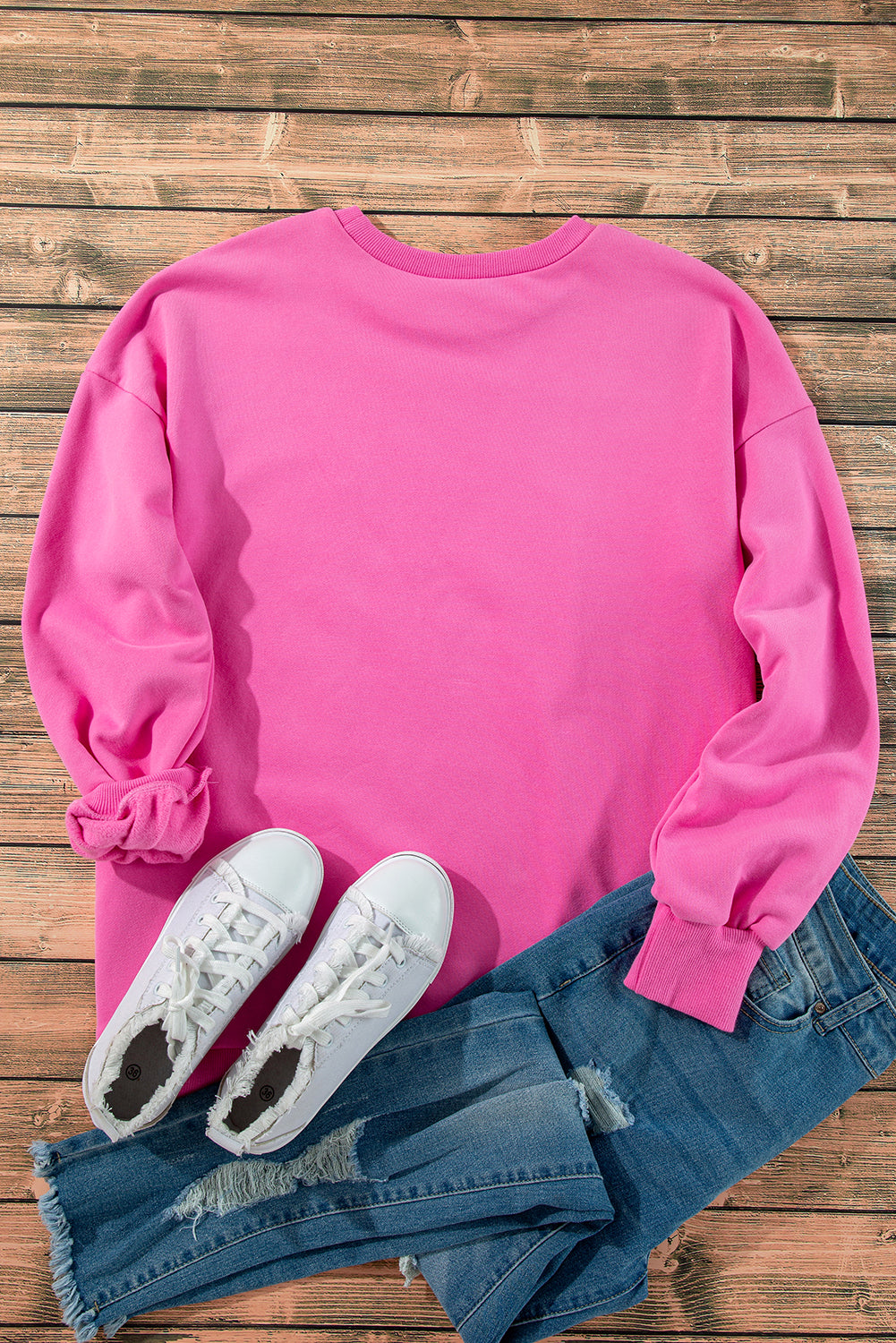 Cozy bonbon fleece-lined drop shoulder sweatshirt with high-low hem