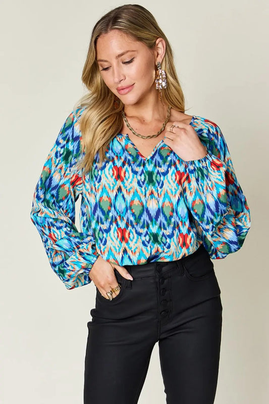 Double Take Full Size Printed Balloon Sleeve Blouse - Love Salve