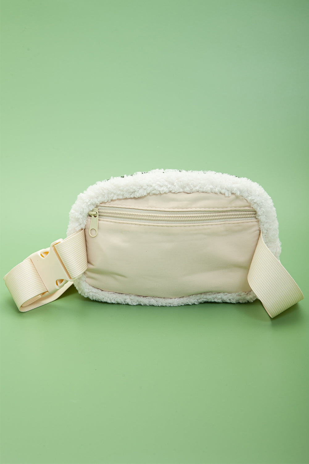 Chic bright white sherpa crossbody bag with adjustable strap