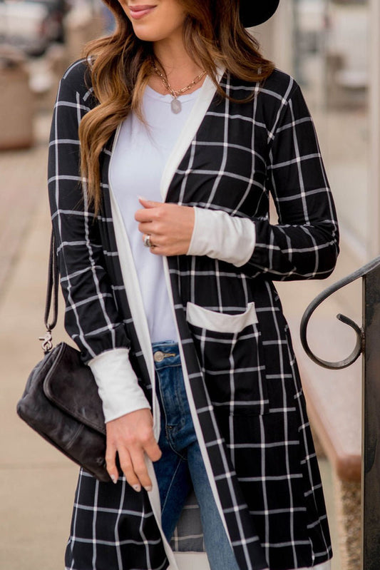 Plaid Colorblock Open Front Cardigan with Pockets in Black