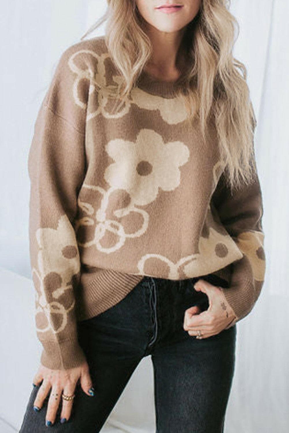 Flower Round Neck Dropped Shoulder Sweater.