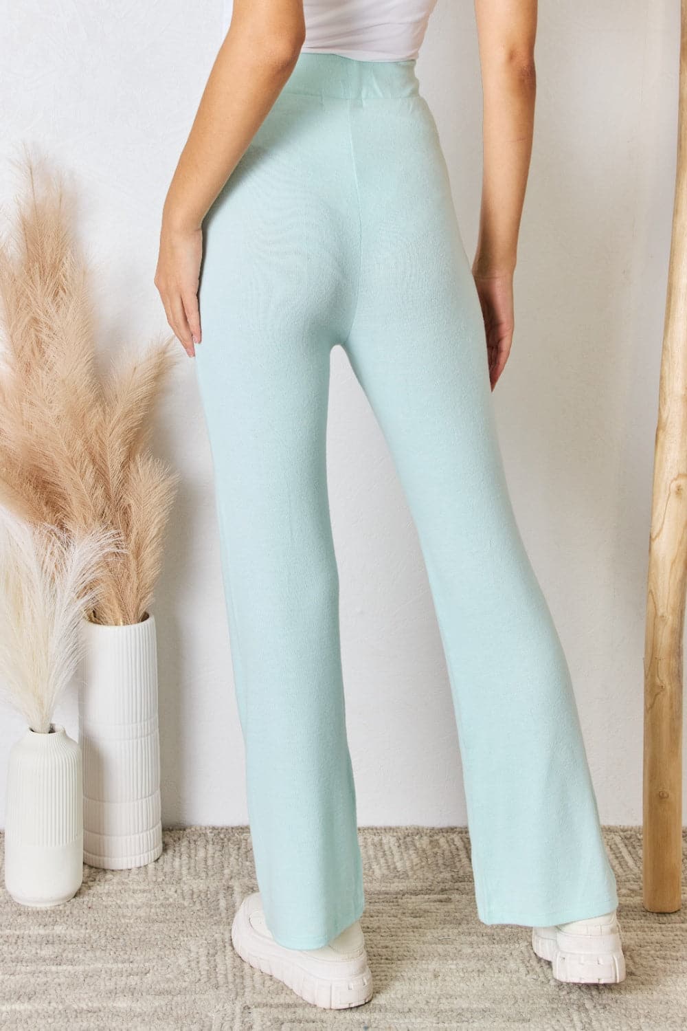 RISEN Full Size High Waist Ultra Soft Knit Flare Pants.