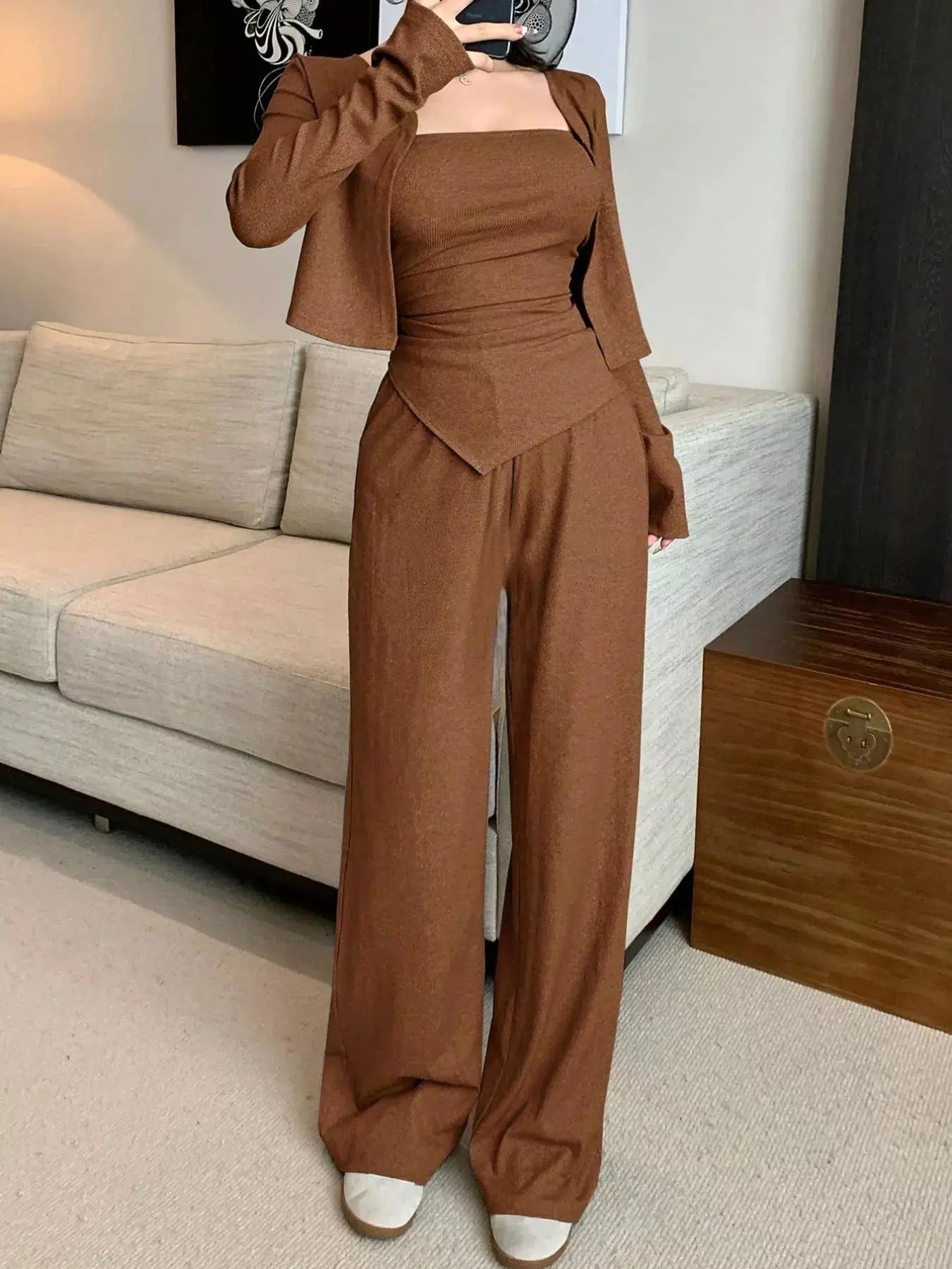 Brown Three Piece Tube Top Cardigan Wide Leg Pants Set Simply Love