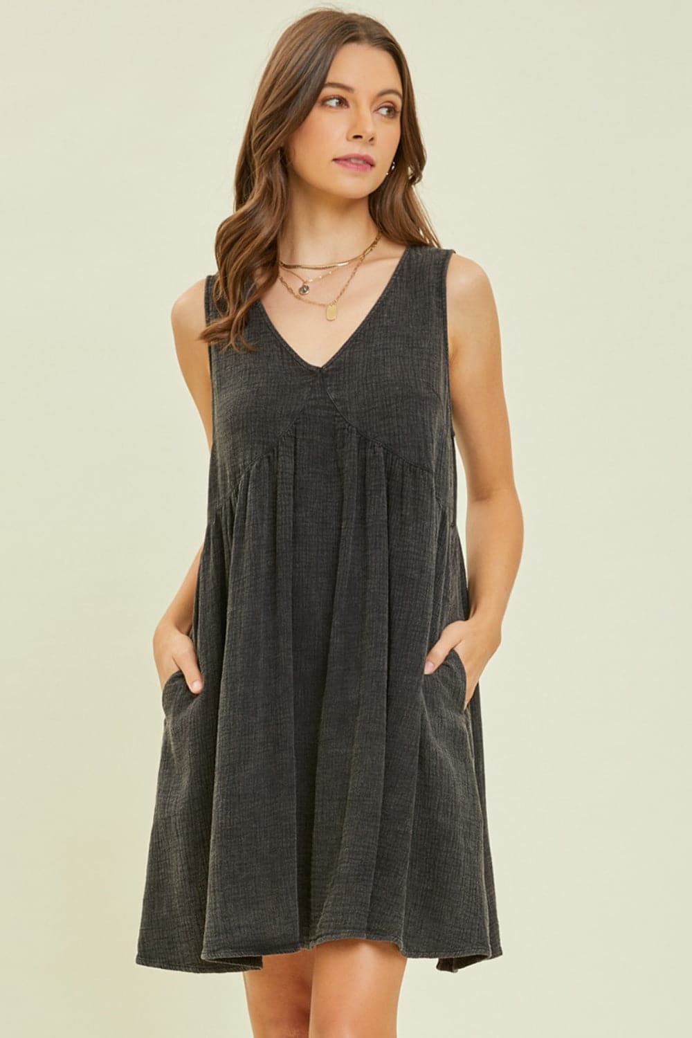 HEYSON Full Size Texture V-Neck Sleeveless Flare Mini Dress.