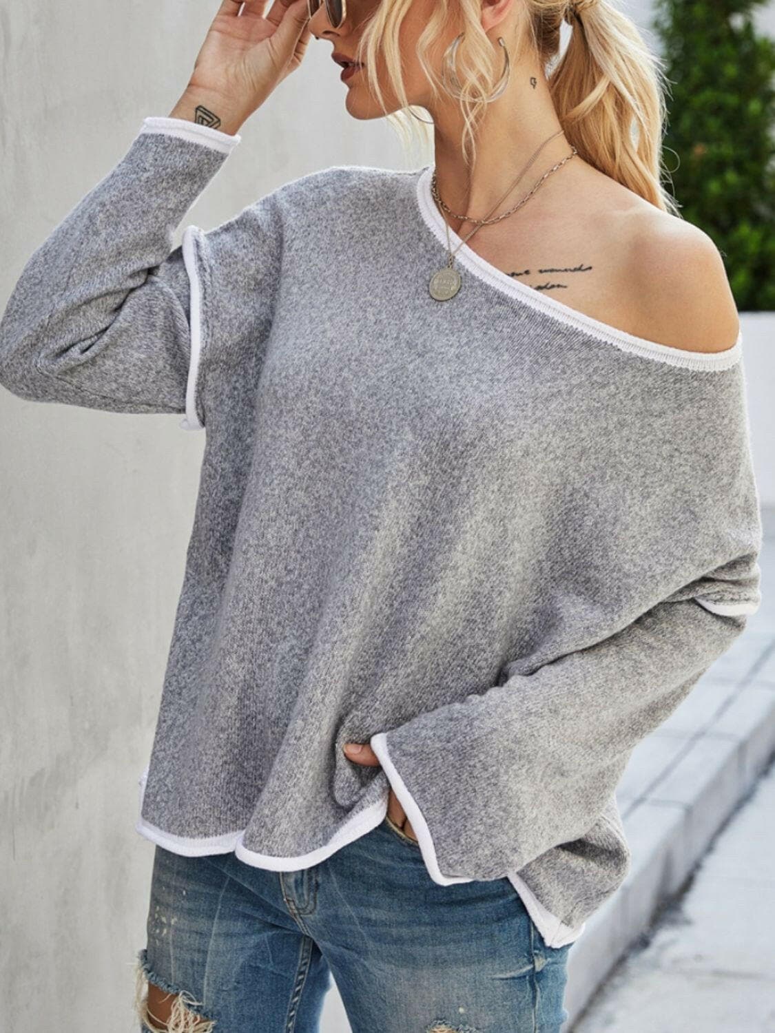 Boat Neck Dropped Shoulder Sweater.