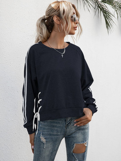 Lace-Up Round Neck Long Sleeve Sweatshirt.