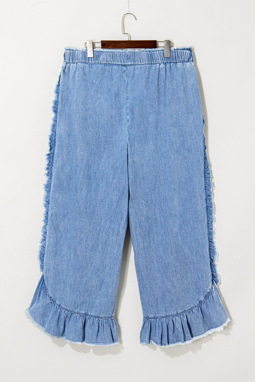 Plus Size Ruffled Ankle Jeans with Lace-Up Waist in Blue