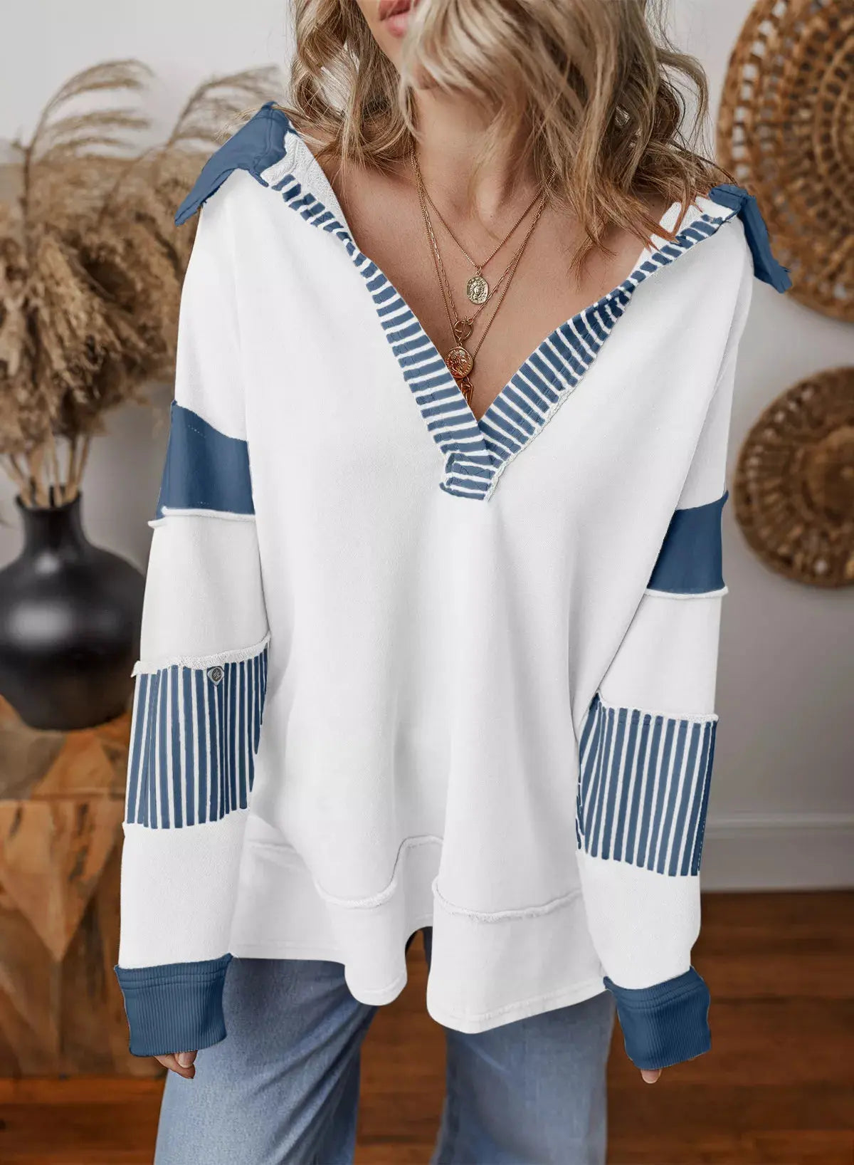 Color Block Striped Johnny Collar Sweatshirt Simply Love