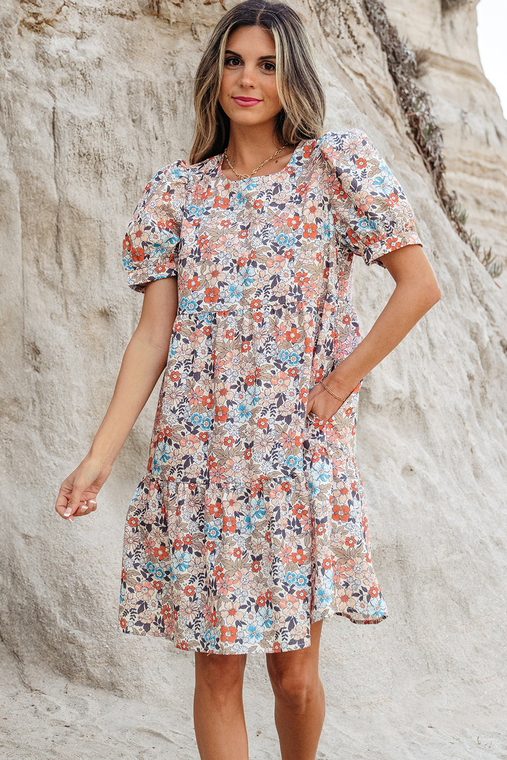 Apricot Bohemian Floral Print Short Puff Sleeve Mini Dress