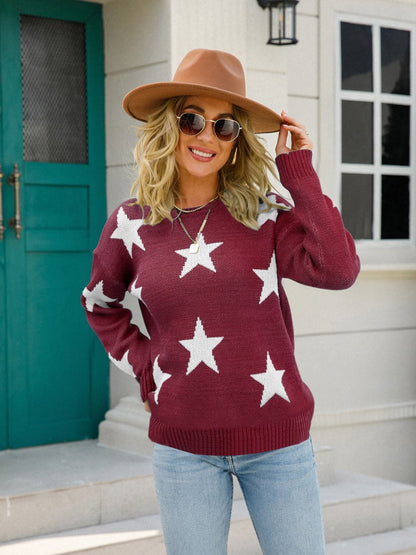 Star Round Neck Dropped Shoulder Sweater.